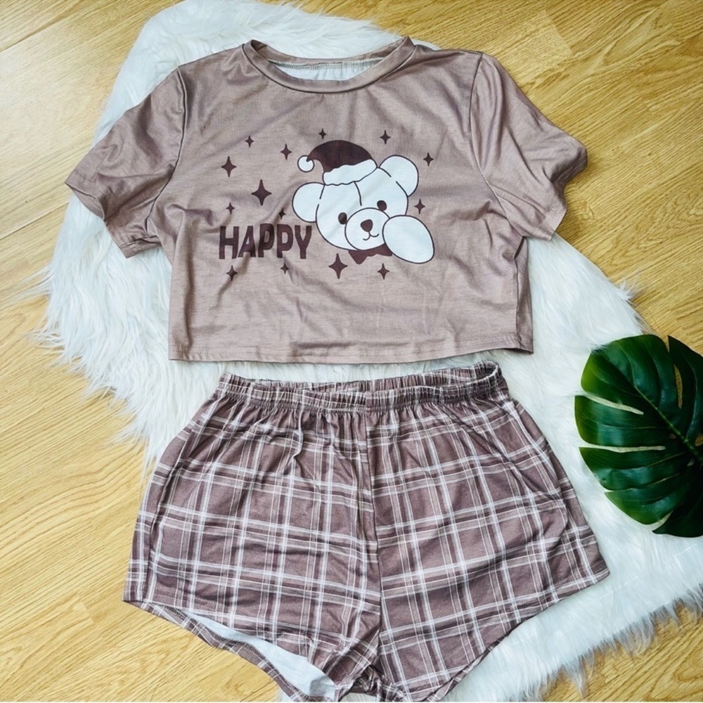 SHEIN | Brown & Plaid Teddy Bear Pajama Set Large